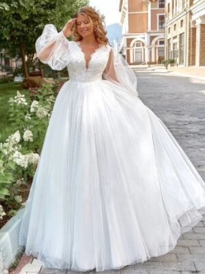 Plus Size Wedding Dress with Puff Sleeves