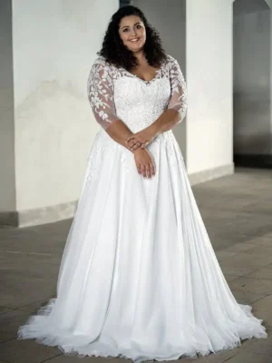Three Quarter Sleeve Plus Size Wedding Dress