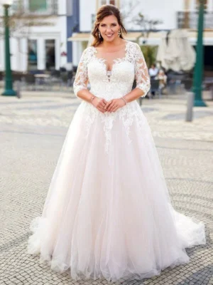 Illusion Sleeve Plunging Plus Size Wedding Dress