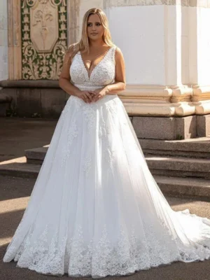 V Neck Plus Size Wedding Dress