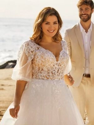 Beach Wedding Dresses Plus Size V Neck Puff Illusion Sleeves Bride Gowns Appliques Floor Length A-Line Tulle Vestido PSL980026 6 S0806ceaab09448c4918181cee063f08dX Cropped