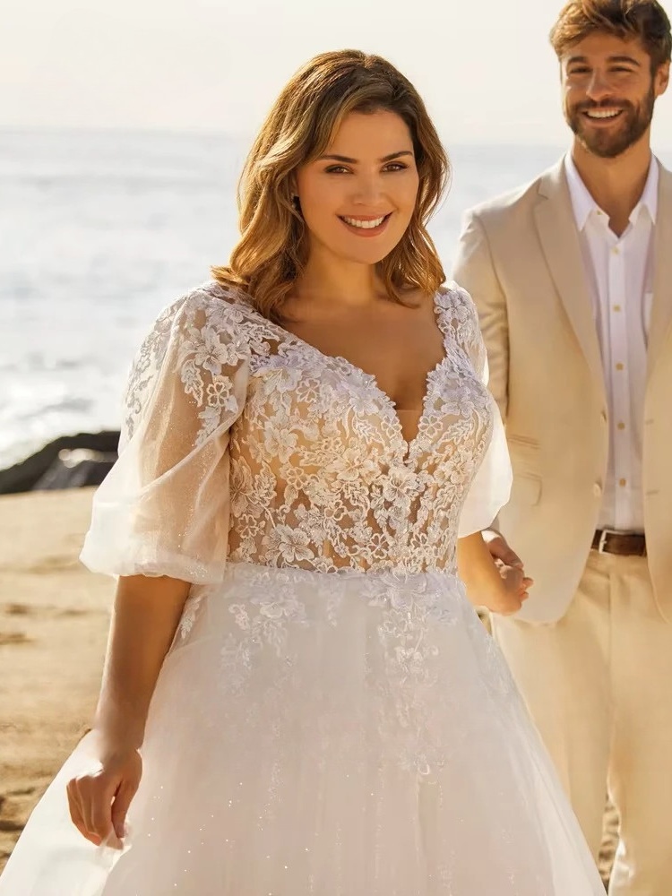 Beach Wedding Dresses Plus Size V Neck Puff Illusion Sleeves Bride Gowns Appliques Floor Length A-Line Tulle Vestido PSL980026 3 Beach Wedding Dresses Plus Size V Neck Puff Illusion Sleeves Bride Gowns Appliques Floor Length A-Line Tulle Vestido PSL980026 - Image 3