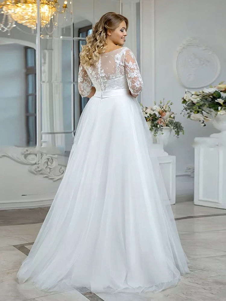 Vintage O-Neck Wedding Dresses Plus Size 3/4 Sleeves Bride Gowns Back Button Appliques A-Line Floor Length Tulle Robe De Mariée 3 Vintage O-Neck Wedding Dresses Plus Size 3/4 Sleeves Bride Gowns Back Button Appliques A-Line Floor Length Tulle Robe De Mariée - Image 3