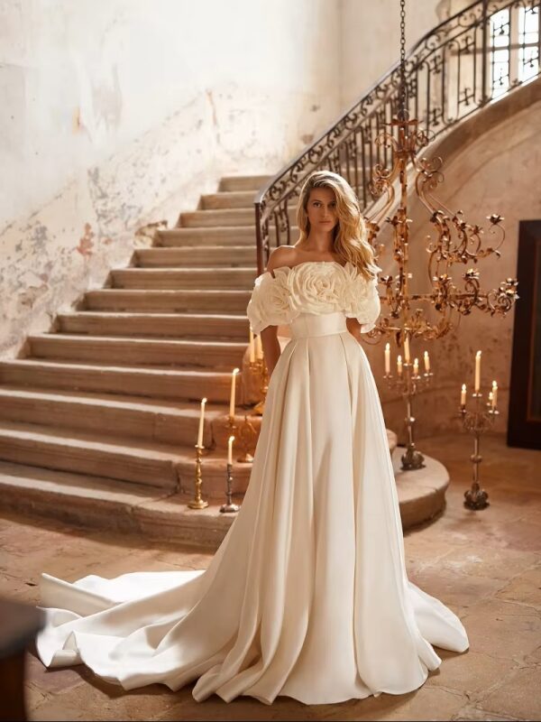 SoDigne Off Shoulder 3D Flower Wedding Dresses A-line Sleeveless Simple Satin Bridal Dress 2025 Long Wedding Gown Robe De Mairee 1 SoDigne Off Shoulder 3D Flower Wedding Dresses A-line Sleeveless Simple Satin Bridal Dress 2025 Long Wedding Gown Robe De Mairee