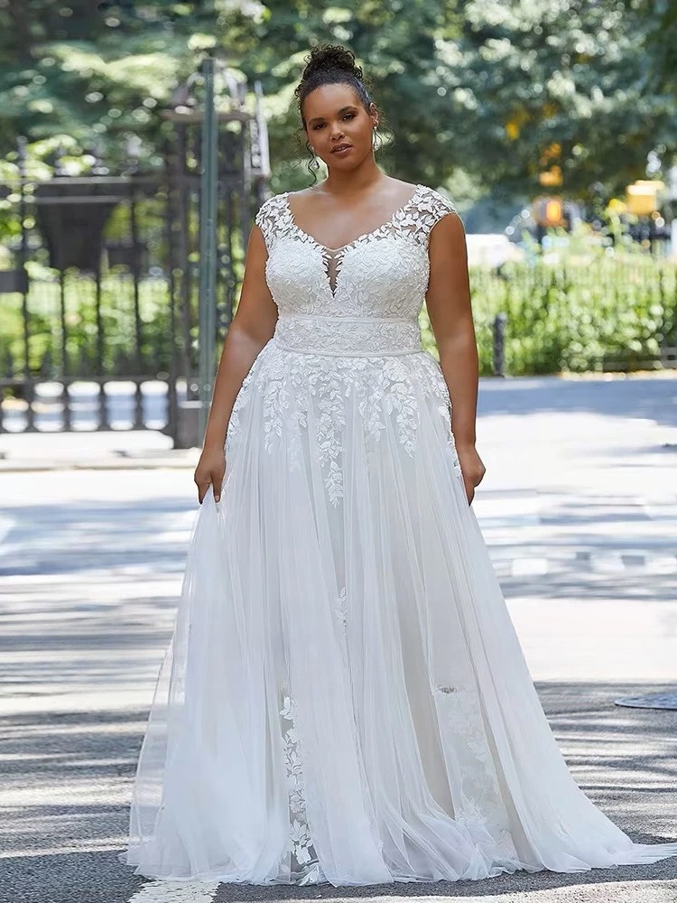 Customized Wedding Dresses Plus Size V-Neck Cap Sleeves Backless Bride Gowns Applique A-Line Sweep Train Tulle Vestido De Noiva 1 Customized Wedding Dresses Plus Size V-Neck Cap Sleeves Backless Bride Gowns Applique A-Line Sweep Train Tulle Vestido De Noiva