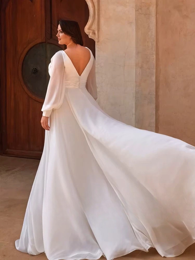 Simple Wedding Dresses Plus Size Deep V Neck Long Sleeves Bride Gowns Back Button Sweep Train A-Line Vestido De Noiva 2024 2 Simple Wedding Dresses Plus Size Deep V Neck Long Sleeves Bride Gowns Back Button Sweep Train A-Line Vestido De Noiva 2024 - Image 2