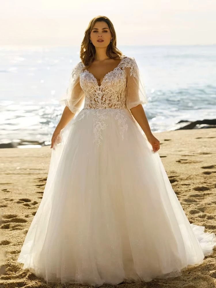 Beach Wedding Dresses Plus Size V Neck Puff Illusion Sleeves Bride Gowns Appliques Floor Length A-Line Tulle Vestido PSL980026 1 Beach Wedding Dresses Plus Size V Neck Puff Illusion Sleeves Bride Gowns Appliques Floor Length A-Line Tulle Vestido PSL980026