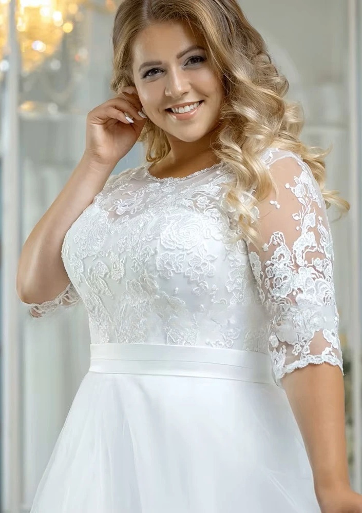 Vintage O-Neck Wedding Dresses Plus Size 3/4 Sleeves Bride Gowns Back Button Appliques A-Line Floor Length Tulle Robe De Mariée 4 Vintage O-Neck Wedding Dresses Plus Size 3/4 Sleeves Bride Gowns Back Button Appliques A-Line Floor Length Tulle Robe De Mariée - Image 4