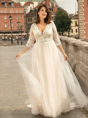 Classic Wedding Dresses For Women Plus Size Three Quarter Sleeves Bride Gowns Lace Applique A-Line Sweep Train Vestido De Novia