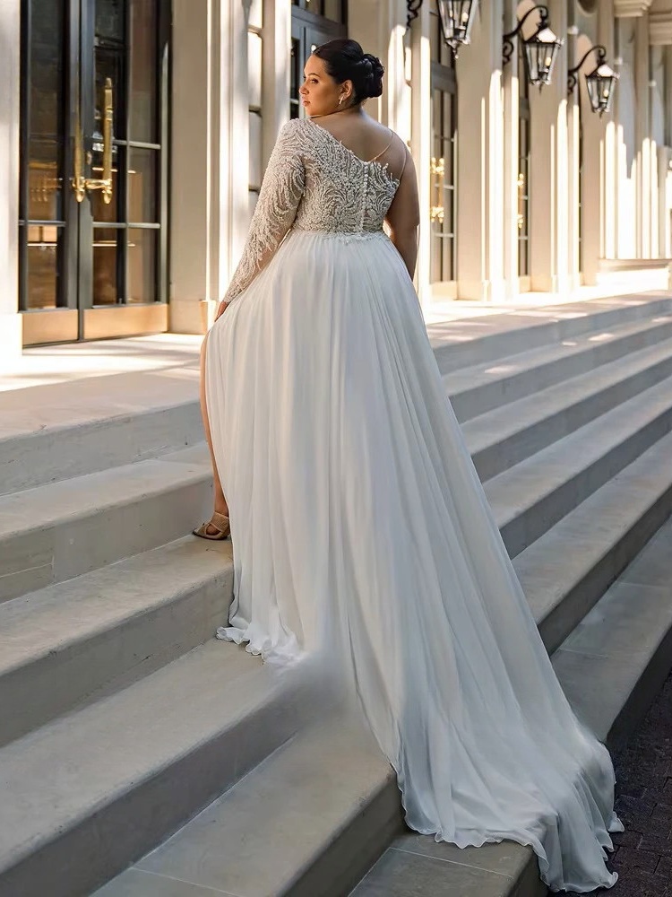 Customized Chiffon Wedding Dresses Plus Size O Neck One Shoulder Bride Gowns Applique Floor Length Front Slit A-Line Robe De 2 Customized Chiffon Wedding Dresses Plus Size O Neck One Shoulder Bride Gowns Applique Floor Length Front Slit A-Line Robe De - Image 2