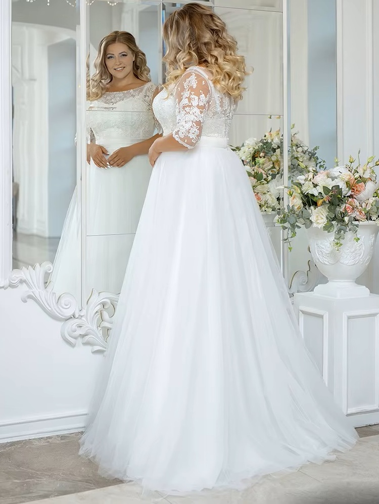 Vintage O-Neck Wedding Dresses Plus Size 3/4 Sleeves Bride Gowns Back Button Appliques A-Line Floor Length Tulle Robe De Mariée 2 Vintage O-Neck Wedding Dresses Plus Size 3/4 Sleeves Bride Gowns Back Button Appliques A-Line Floor Length Tulle Robe De Mariée - Image 2
