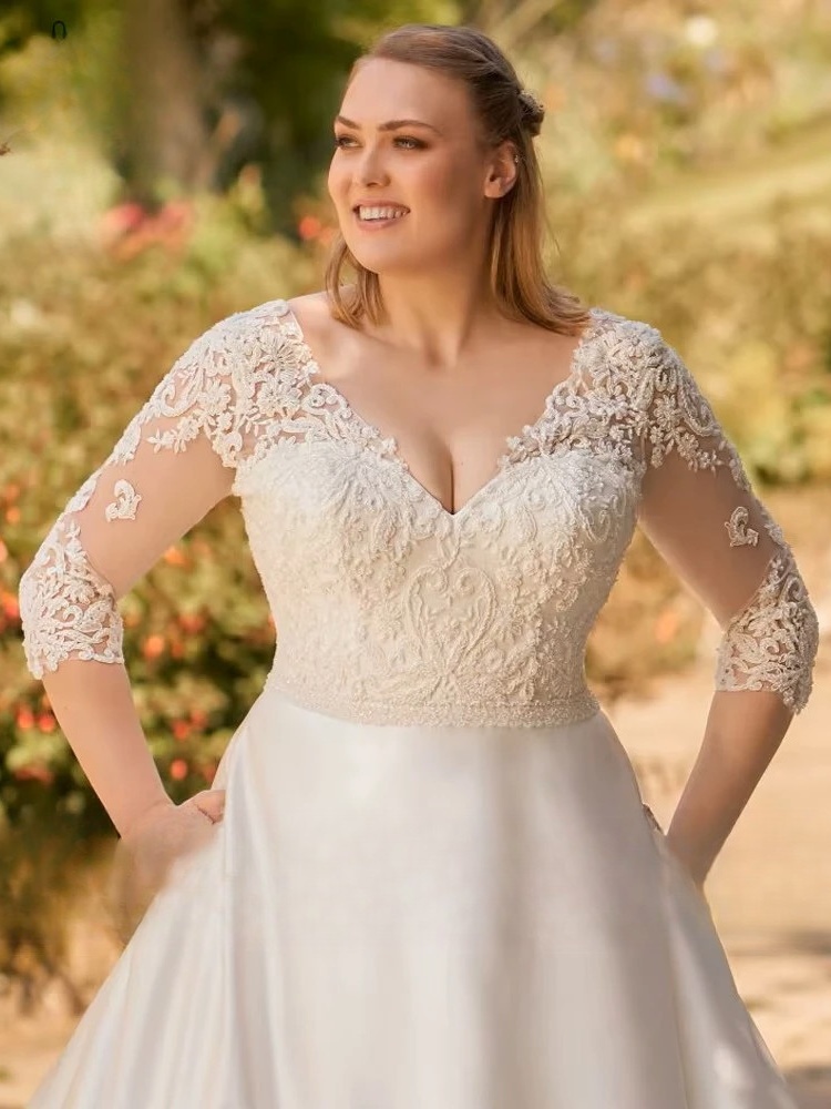 Classic Wedding Dresses 2023 Plus Size V-Neck 3/4 Sleeves Bride Gowns Back Lace-up Lace Applique A-Line Satin Robe De Mariage 2 Classic Wedding Dresses 2023 Plus Size V-Neck 3/4 Sleeves Bride Gowns Back Lace-up Lace Applique A-Line Satin Robe De Mariage - Image 2