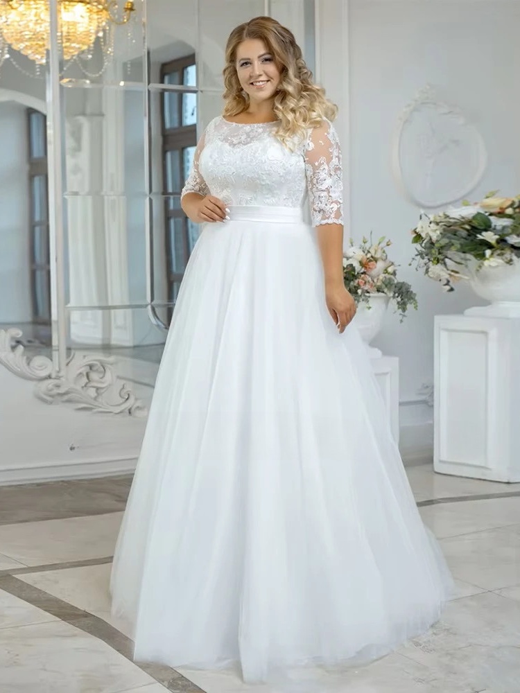 Vintage O-Neck Wedding Dresses Plus Size 3/4 Sleeves Bride Gowns Back Button Appliques A-Line Floor Length Tulle Robe De Mariée 1 Vintage O-Neck Wedding Dresses Plus Size 3/4 Sleeves Bride Gowns Back Button Appliques A-Line Floor Length Tulle Robe De Mariée
