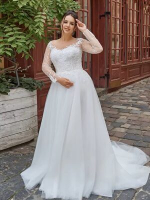 Elegant Wedding Dresses Plus Size O Neck Long Sleeves Bride Gowns Appliques Sequined Floor Length A-Line Tulle Vestidos De Novia