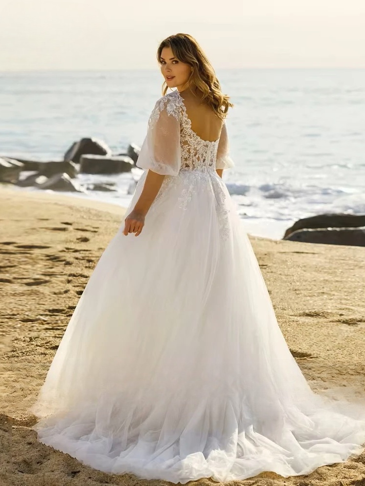 Beach Wedding Dresses Plus Size V Neck Puff Illusion Sleeves Bride Gowns Appliques Floor Length A-Line Tulle Vestido PSL980026 2 Beach Wedding Dresses Plus Size V Neck Puff Illusion Sleeves Bride Gowns Appliques Floor Length A-Line Tulle Vestido PSL980026 - Image 2