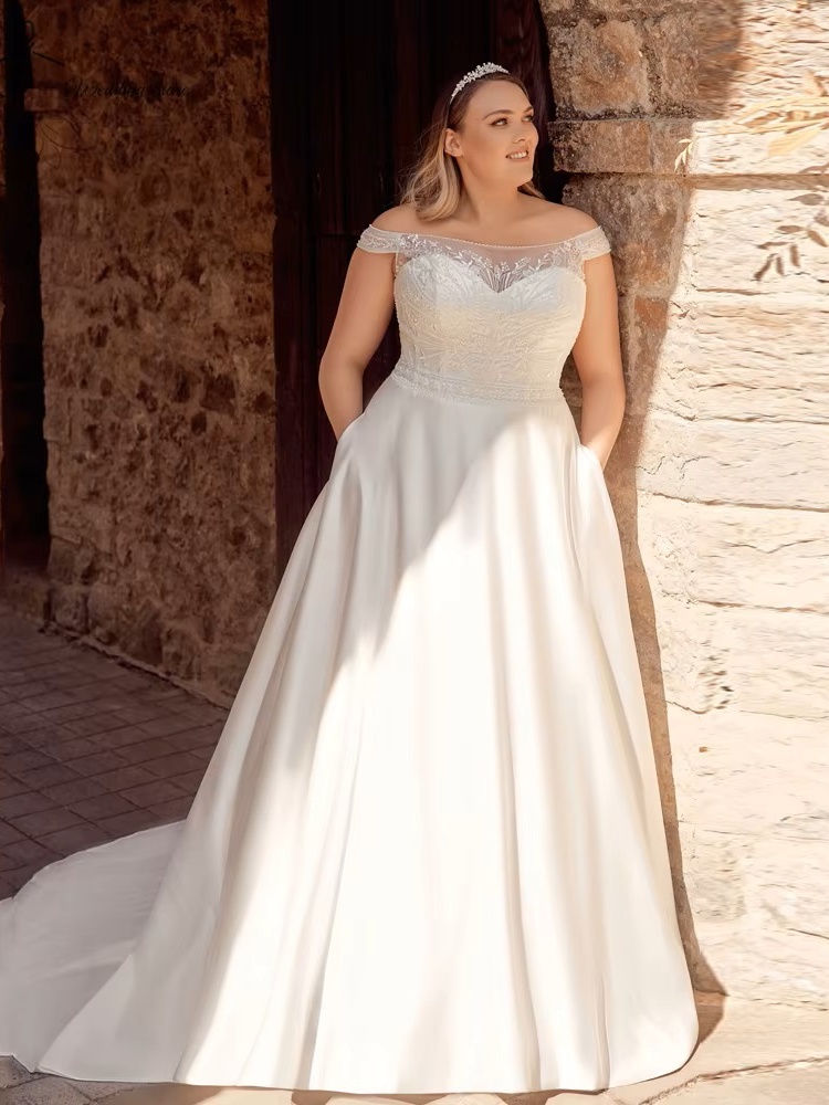 Classic Off the Shoulder Wedding Dresses Plus Size A-Line Bride Gowns Back Lace-up Appliques Sweep Train Satin Robe De Mariee 1 Classic Off the Shoulder Wedding Dresses Plus Size A-Line Bride Gowns Back Lace-up Appliques Sweep Train Satin Robe De Mariee