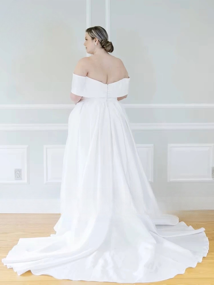 Customize Wedding Dresses Women Plus Size Off The Shoulder V-Neck Bride Gown Satin Side Split A-Line Sweep Train Robe De Mariée 2 Customize Wedding Dresses Women Plus Size Off The Shoulder V-Neck Bride Gown Satin Side Split A-Line Sweep Train Robe De Mariée - Image 2