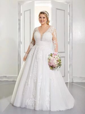 Exquisite Wedding Dresses Plus Size V-Neck Long Sleeves Empire Bride Gowns Lace Applique Sweep Train A-Line Robe De Mariée 2023