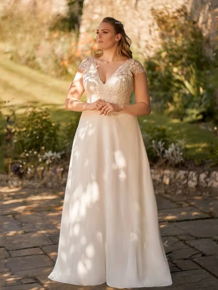 Customized Wedding Dresses Plus Size V Neck Cap Sleeves A-Line Bride Gowns Applique Back Lace-up Sweep Train Vestidos De Novia 1 Customized Wedding Dresses Plus Size V Neck Cap Sleeves A-Line Bride Gowns Applique Back Lace-up Sweep Train Vestidos De Novia