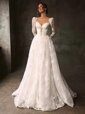 SoDigne A-line Lace Wedding Dresses Sweetheart Full Sleeves Bridal Dress Beach Long Wedding Gown Robe De Mairee ﻿Customized