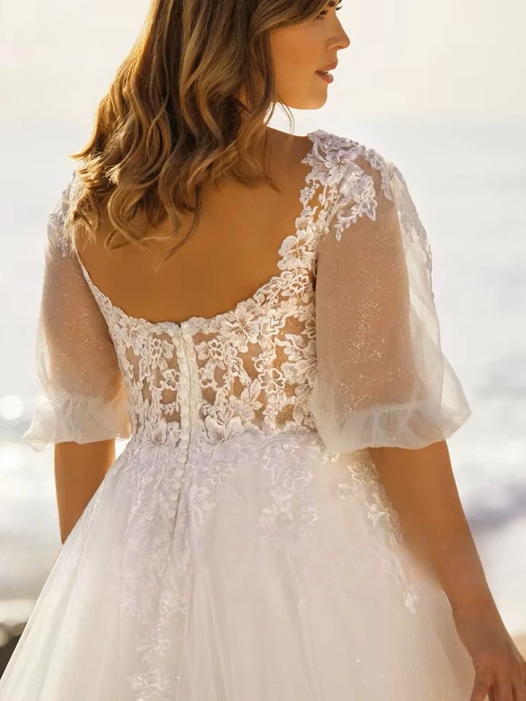 Beach Wedding Dresses Plus Size V Neck Puff Illusion Sleeves Bride Gowns Appliques Floor Length A-Line Tulle Vestido PSL980026 4 Beach Wedding Dresses Plus Size V Neck Puff Illusion Sleeves Bride Gowns Appliques Floor Length A-Line Tulle Vestido PSL980026 - Image 4
