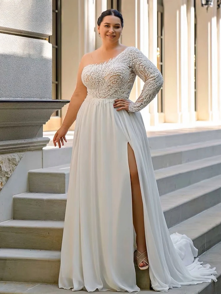 Customized Chiffon Wedding Dresses Plus Size O Neck One Shoulder Bride Gowns Applique Floor Length Front Slit A-Line Robe De 1 Customized Chiffon Wedding Dresses Plus Size O Neck One Shoulder Bride Gowns Applique Floor Length Front Slit A-Line Robe De