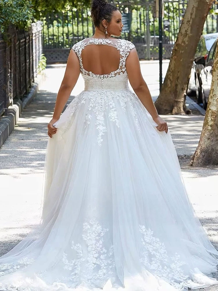 Customized Wedding Dresses Plus Size V-Neck Cap Sleeves Backless Bride Gowns Applique A-Line Sweep Train Tulle Vestido De Noiva 2 Customized Wedding Dresses Plus Size V-Neck Cap Sleeves Backless Bride Gowns Applique A-Line Sweep Train Tulle Vestido De Noiva - Image 2