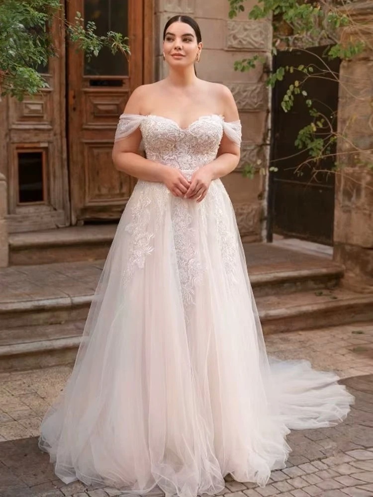 Classic Off Shoulder A-Line Wedding Dresses Plus Size Sweetheart Neck Bride Gowns Appliques Floor Length Tulle Robe De Mariee 2 Classic Off Shoulder A-Line Wedding Dresses Plus Size Sweetheart Neck Bride Gowns Appliques Floor Length Tulle Robe De Mariee - Image 2