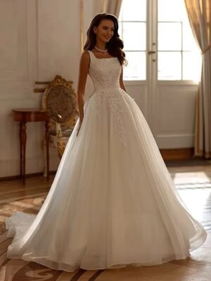 SoDigne A-line Tulle Wedding Dresses Square Collar Sleeveless Appliques Bridal Dress Bride Gown Robe De Mairee ﻿Customized ﻿