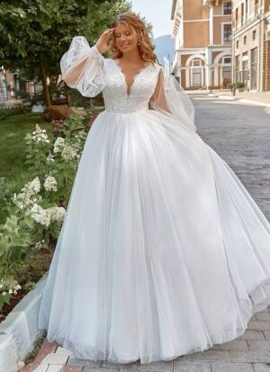 Pastroal Plus Size Wedding Dresses For Bride V-Neck Puff Sleeves Bride Gown Lace Applique Sweep Train A-Line Robe De Mariée