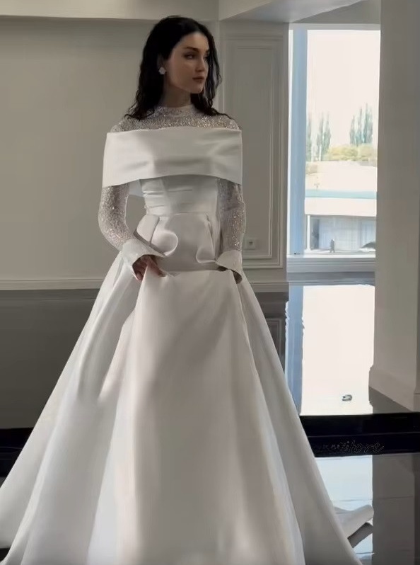 SoDigne A-line Satin Wedding Dresses High Neck Full Sleeves Bridal Dress Beading Long Wedding Gown Robe De Mairee Customized 1 SoDigne A-line Satin Wedding Dresses High Neck Full Sleeves Bridal Dress Beading Long Wedding Gown Robe De Mairee Customized