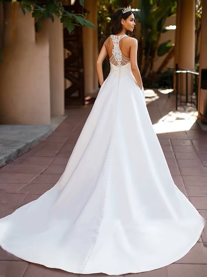 SoDigne Boho Satin A-line Wedding Dresses 2023 Sexy V Nack Lace Blackless Bride Dress Customized Sleeveless Bridal Gowns 2 SoDigne Boho Satin A-line Wedding Dresses 2023 Sexy V Nack Lace Blackless Bride Dress Customized Sleeveless Bridal Gowns - Image 2