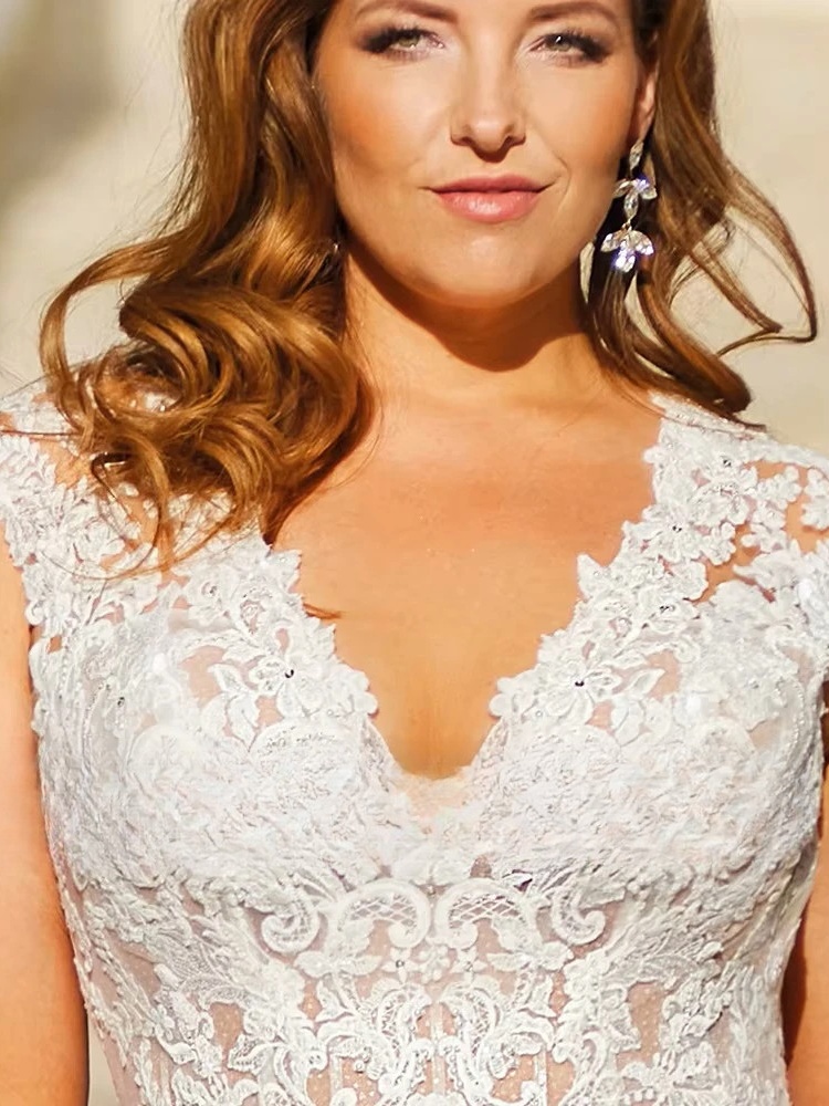 Exquisite Wedding Dresses Plus Size Tulle With Lace Applique V-Neck Backless Bride Gowns Cap Sleeves Mermaid Vestido De Noiva 3 Exquisite Wedding Dresses Plus Size Tulle With Lace Applique V-Neck Backless Bride Gowns Cap Sleeves Mermaid Vestido De Noiva - Image 3