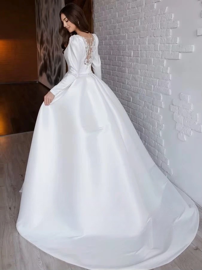 SoDigne A-line Satin Simple Wedding Dresses O-neck Full Sleeves Appliques Bridal Dress Long Bridal Gown 2025 Customized 2 SoDigne A-line Satin Simple Wedding Dresses O-neck Full Sleeves Appliques Bridal Dress Long Bridal Gown 2025 Customized - Image 2