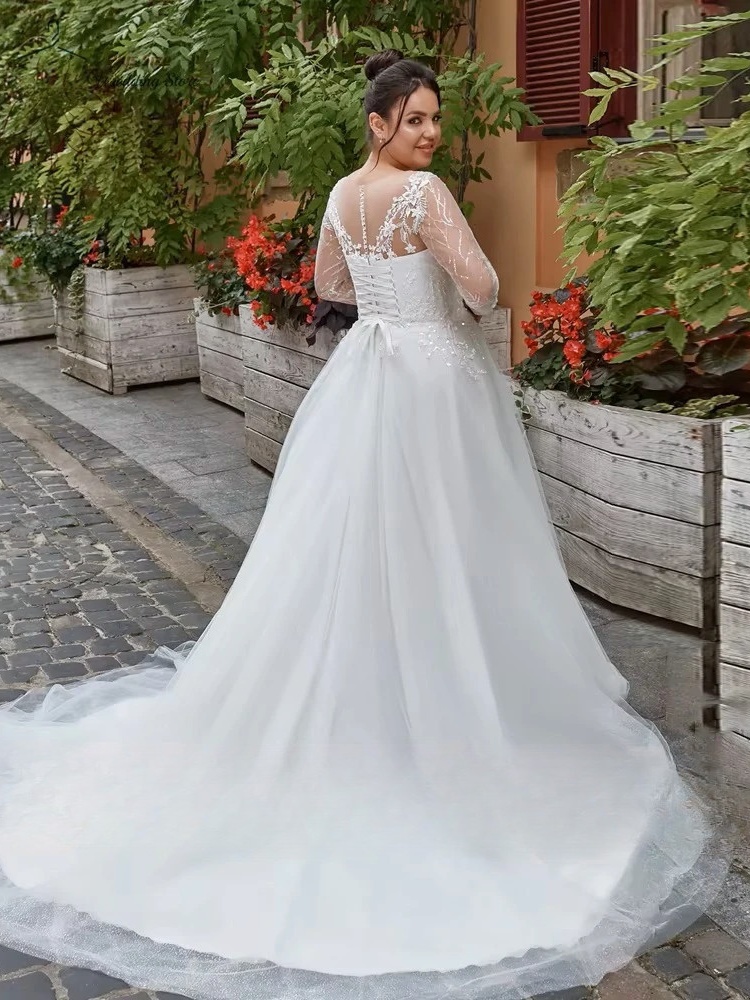 Elegant Wedding Dresses Plus Size O Neck Long Sleeves Bride Gowns Appliques Sequined Floor Length A-Line Tulle Vestidos De Novia 2 Elegant Wedding Dresses Plus Size O Neck Long Sleeves Bride Gowns Appliques Sequined Floor Length A-Line Tulle Vestidos De Novia - Image 2