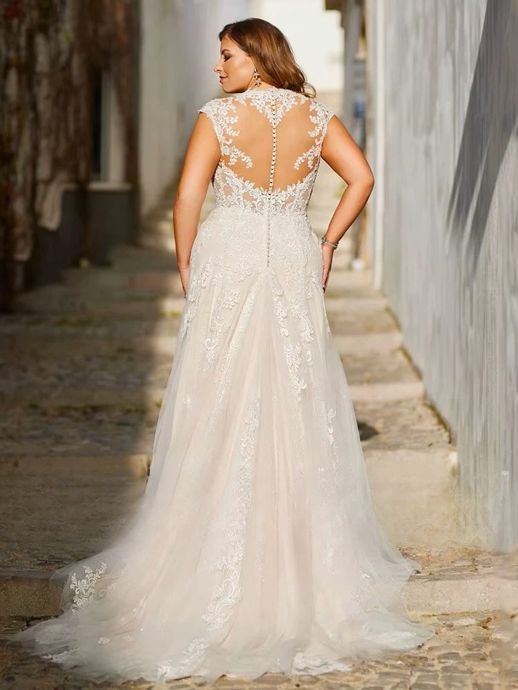 Exquisite Wedding Dresses Plus Size Tulle With Lace Applique V-Neck Backless Bride Gowns Cap Sleeves Mermaid Vestido De Noiva 2 Exquisite Wedding Dresses Plus Size Tulle With Lace Applique V-Neck Backless Bride Gowns Cap Sleeves Mermaid Vestido De Noiva - Image 2
