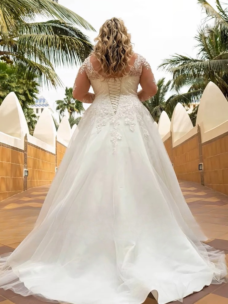 Elegant Wedding Dresses Plus Size 2023 V-Neck Full Sleeves Lace Up Long Bride Gowns Tulle A-Line Sweep Train Vestido De Noiva 2 Elegant Wedding Dresses Plus Size 2023 V-Neck Full Sleeves Lace Up Long Bride Gowns Tulle A-Line Sweep Train Vestido De Noiva - Image 2