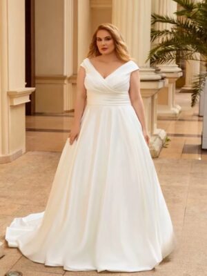 Elegant Wedding Dress For Women Plus Size Satin V-Neck Off The Shoulder Bride Gown Lace Up Sweep Train A-Line Robe De Mariée