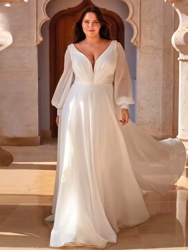 Simple Wedding Dresses Plus Size Deep V Neck Long Sleeves Bride Gowns Back Button Sweep Train A-Line Vestido De Noiva 2024 1 Simple Wedding Dresses Plus Size Deep V Neck Long Sleeves Bride Gowns Back Button Sweep Train A-Line Vestido De Noiva 2024