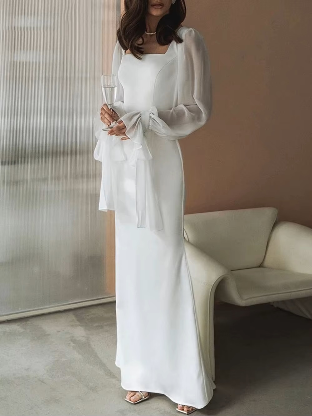 SoDigne Simple Wedding Dresses Square Neck Puff Sleeves Bodycon Satin Bride Dresses Vintage Bridal Gown Floor length Customized 2 SoDigne Simple Wedding Dresses Square Neck Puff Sleeves Bodycon Satin Bride Dresses Vintage Bridal Gown Floor length Customized - Image 2
