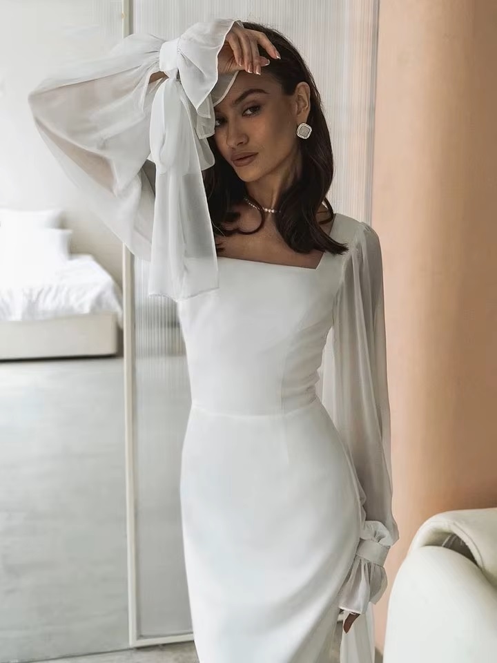 SoDigne Simple Wedding Dresses Square Neck Puff Sleeves Bodycon Satin Bride Dresses Vintage Bridal Gown Floor length Customized 3 SoDigne Simple Wedding Dresses Square Neck Puff Sleeves Bodycon Satin Bride Dresses Vintage Bridal Gown Floor length Customized - Image 3