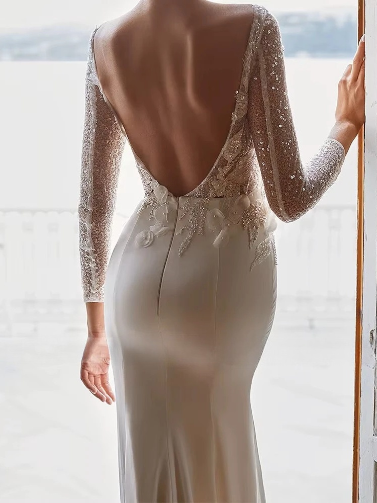 Modern Mermaid Wedding Dresses Women O-Neck Long Sleeves Backless Lace Applique Vestido De Novia Shiny Bridal Gowns Customized 2 Modern Mermaid Wedding Dresses Women O-Neck Long Sleeves Backless Lace Applique Vestido De Novia Shiny Bridal Gowns Customized - Image 2