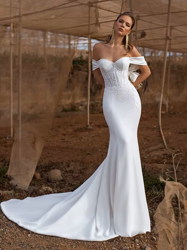 Elegant Mermaid Sweetheart Wedding Dress Women Lace Applique Off The Shoulder Crepe Bridal Gown Vestidos De Novia Customized 3 Elegant Mermaid Sweetheart Wedding Dress Women Lace Applique Off The Shoulder Crepe Bridal Gown Vestidos De Novia Customized - Image 3