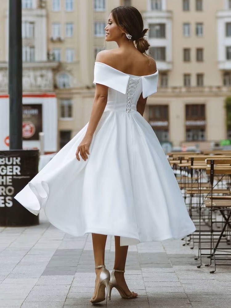 LORIE Simple Tea-length Wedding Dress Off the shoulder White Ivory Satin A-line Short Bride Gowns Beach Customized Wedding Gown 2 LORIE Simple Tea-length Wedding Dress Off the shoulder White Ivory Satin A-line Short Bride Gowns Beach Customized Wedding Gown - Image 2