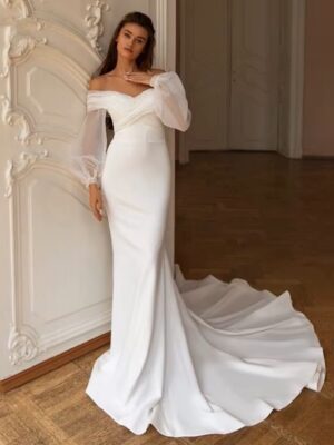 Elegant Sweetheart Wedding Dress Women Mermaid Long Sleeve White Off The Shoulder Bridal Gown Train Vestido De Novia Customized