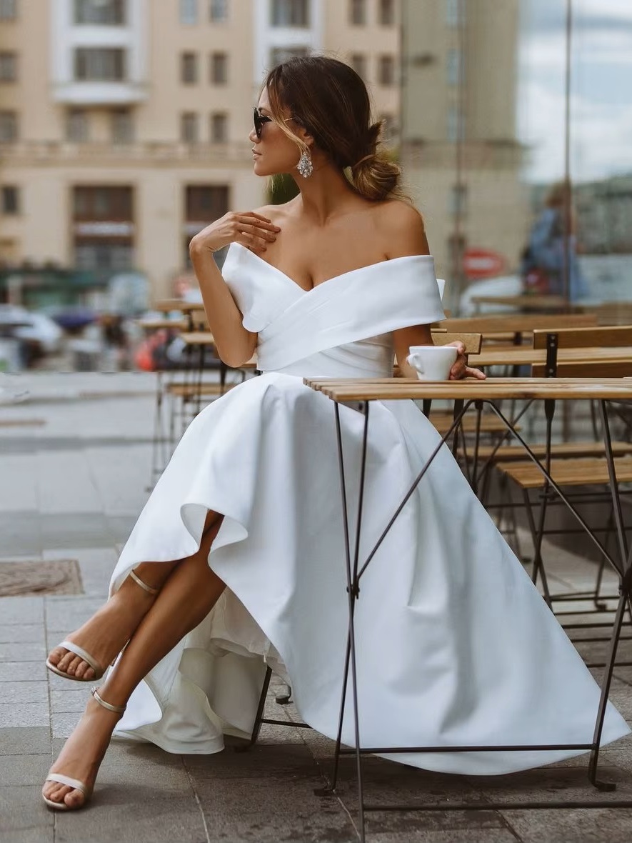 LORIE Simple Tea-length Wedding Dress Off the shoulder White Ivory Satin A-line Short Bride Gowns Beach Customized Wedding Gown 3 LORIE Simple Tea-length Wedding Dress Off the shoulder White Ivory Satin A-line Short Bride Gowns Beach Customized Wedding Gown - Image 3