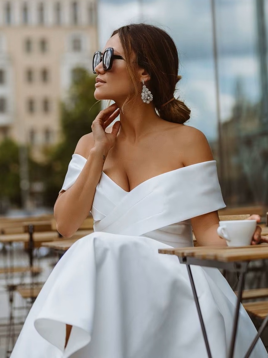 LORIE Simple Tea-length Wedding Dress Off the shoulder White Ivory Satin A-line Short Bride Gowns Beach Customized Wedding Gown 4 LORIE Simple Tea-length Wedding Dress Off the shoulder White Ivory Satin A-line Short Bride Gowns Beach Customized Wedding Gown - Image 4