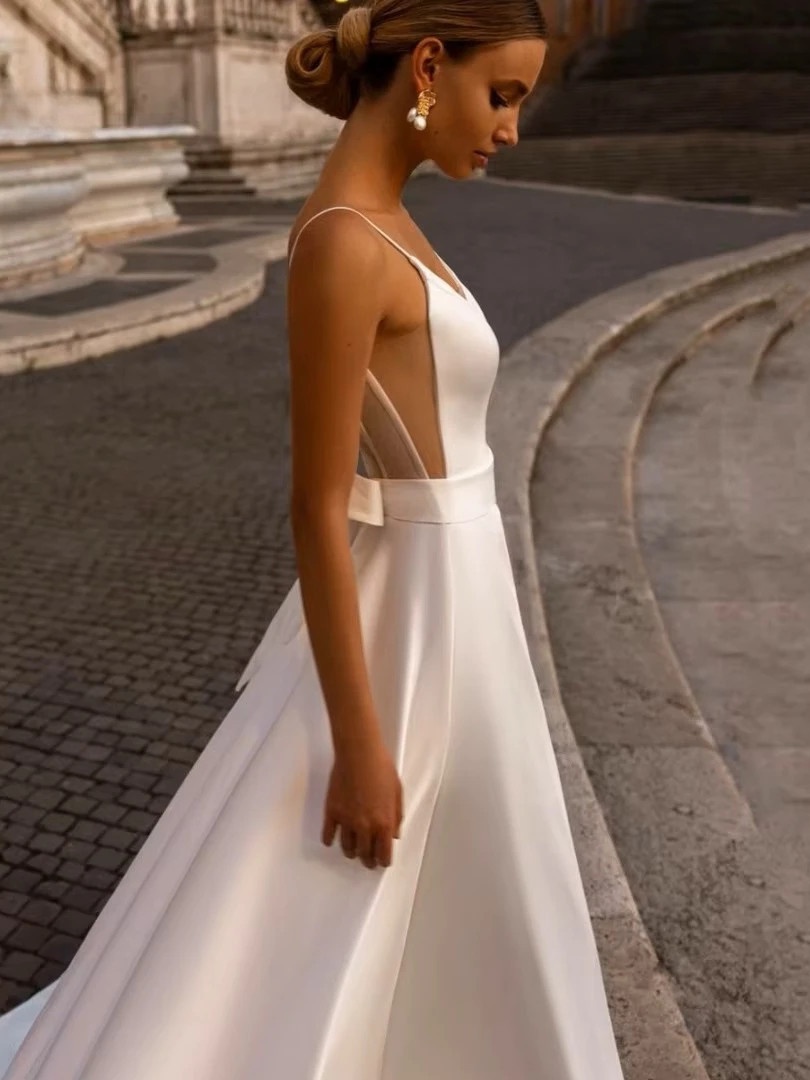 Elegant Wedding Dress For Woman Sweetheart-Neck A-Line Spaghetti Straps Open Back Bride Gown Train Vestidos De Novia Customized 4 Elegant Wedding Dress For Woman Sweetheart-Neck A-Line Spaghetti Straps Open Back Bride Gown Train Vestidos De Novia Customized - Image 4