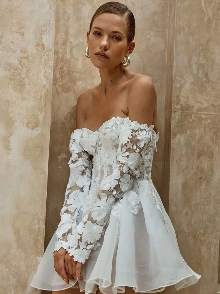 Civil Short Boho Wedding Dresses Appliques Half Sleeve sweetheart Mini Wedding Gowns For Bride Floral Print Robe 2025 Customized 2 Civil Short Boho Wedding Dresses Appliques Half Sleeve sweetheart Mini Wedding Gowns For Bride Floral Print Robe 2025 Customized - Image 2