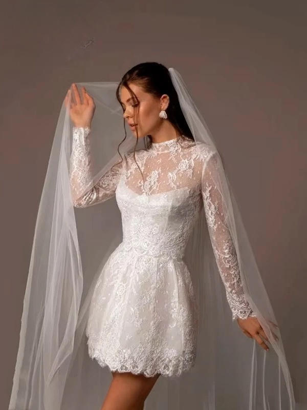 Vintage A-Line Lace Appliques Mini Wedding Dress For Women Simple High Neck Illusion Long Sleeves Gown Short Dress Customized 2 Vintage A-Line Lace Appliques Mini Wedding Dress For Women Simple High Neck Illusion Long Sleeves Gown Short Dress Customized - Image 2